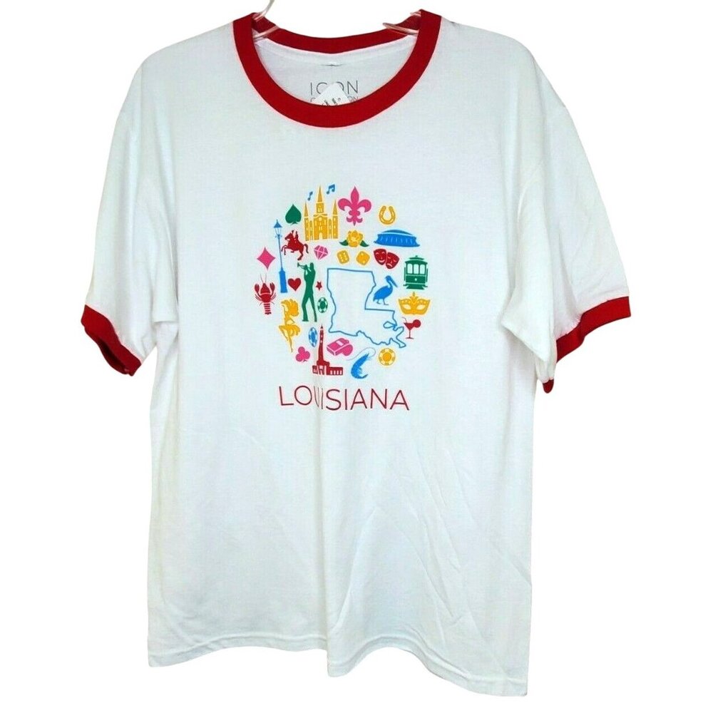 Louisiana White Red Ringer Cotton Graphic Large T-Shirt Icon Collection